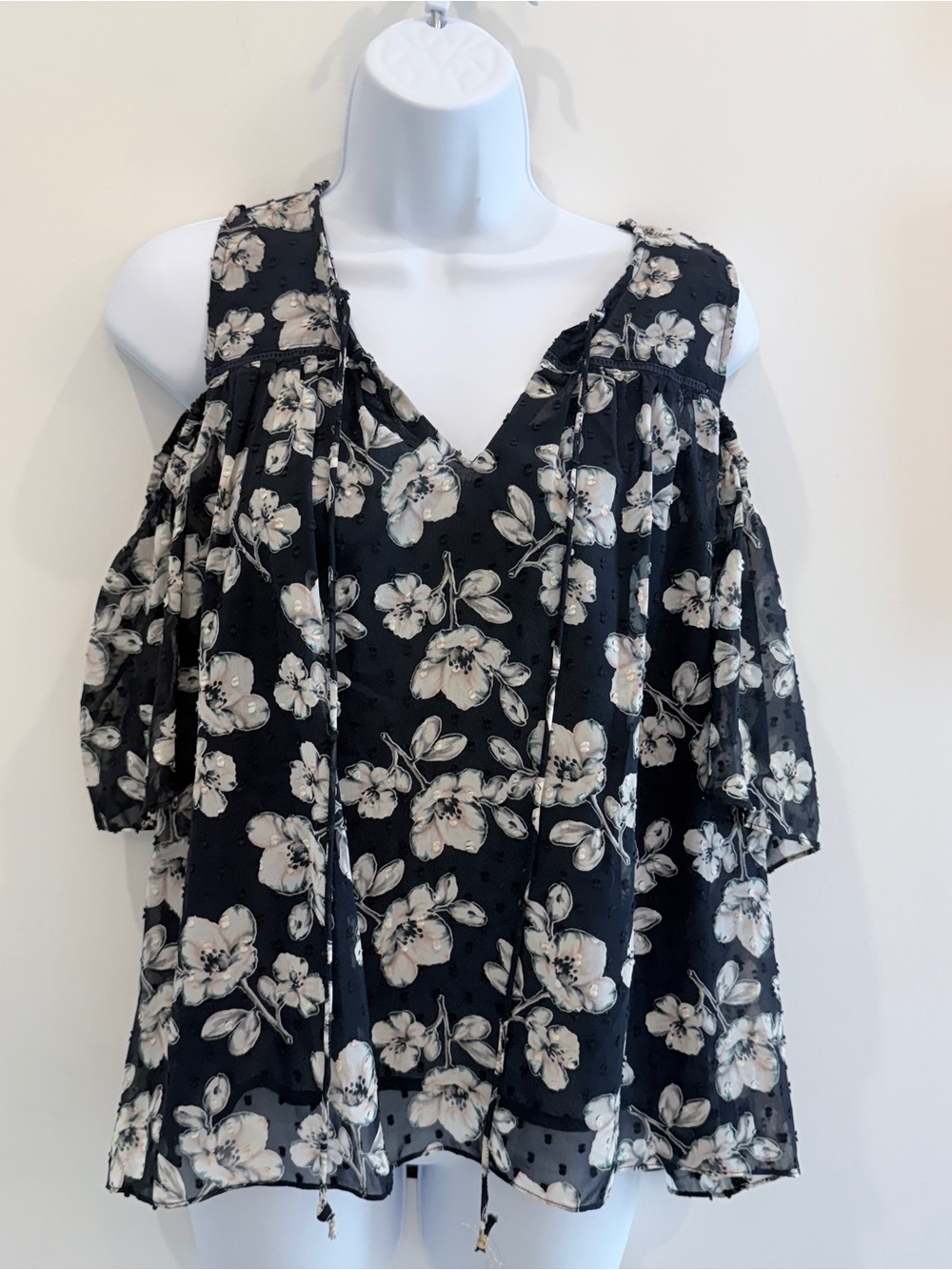 Aqua Black Floral Cold-Shoulder V-Neck Blouse